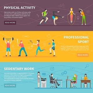 Set of horizontal color banners about different physical activity from professional sport to sedentary work detector vector illustration