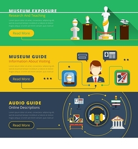 Museum horizontal banner set with examples of exhibit guide service and exhibition organization vector illustration