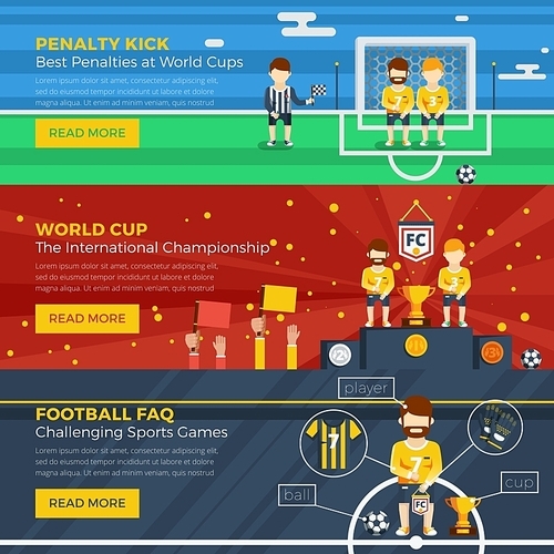 Football horizontal banner set with different stages and elements of the game vector illustration
