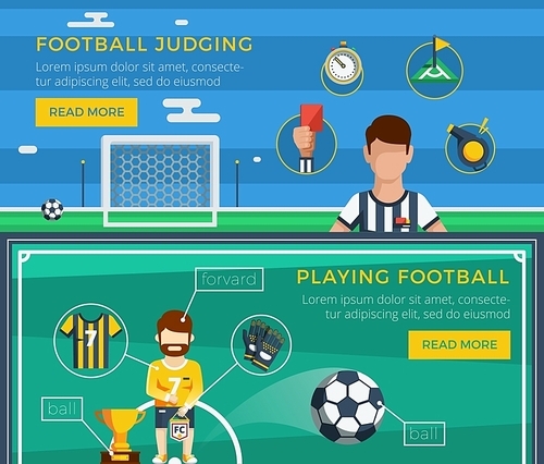 Football banner set with examples of an ordinary equipment of the judge and the player vector illustration