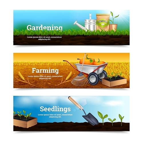 Three farming horizontal banners with gardening tools and materials for planting at village landscape background vector illustration