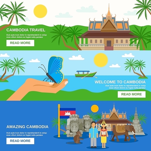 Top tourists attraction in cambodia 3 flat horizontal banners set webpage for travelers abstract isolated vector illustration