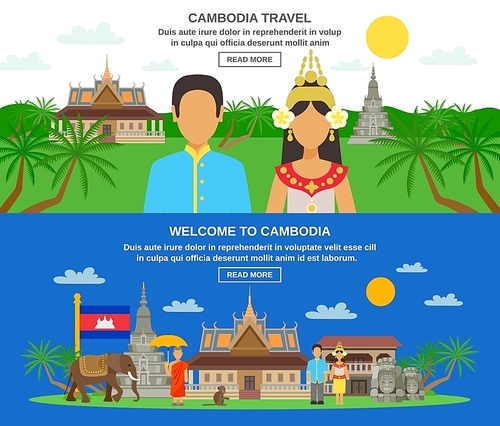 Cambodian traditions food and lifestyle information for travelers 3 flat horizontal banners set abstract isolated vector illustration