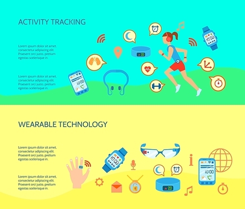 Wearable Technology Flat Concept. Wearable Technology Compositions. Wearable Gadgets Horizontal Banners. Wearable Gadgets Vector Illustration. Wearable Gadgets Isolated Set. Wearable Gadgets Design Symbols.