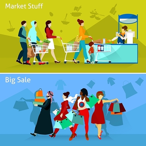 Shopping And People Flat Concept. Shopping Horizontal Compositions. Shopping Vector Illustration. Shopping People Isolated Set. Shopping Design Symbols.