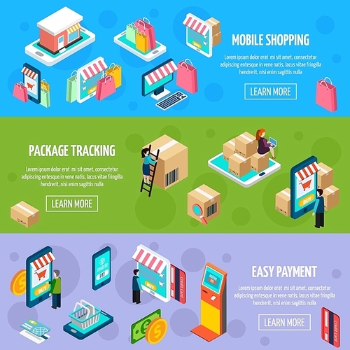 Mobile shopping isometric horizontal banners with payment and package tracking isometric isolated vector illustration