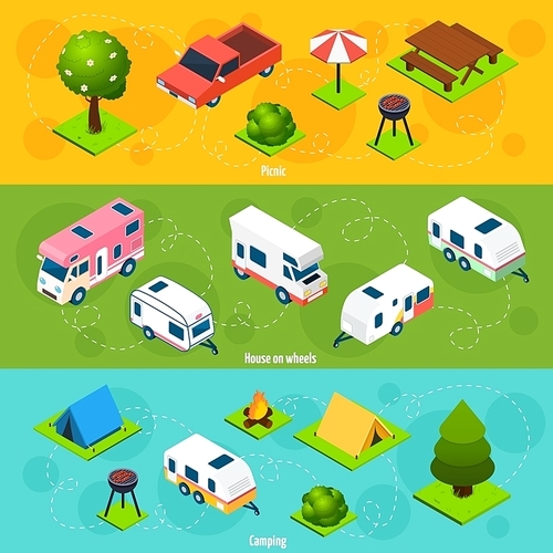 Camping and travel isometric horizontal banners with house on wheels and elements for picnic and campsite on colorful backgrounds vector illustration