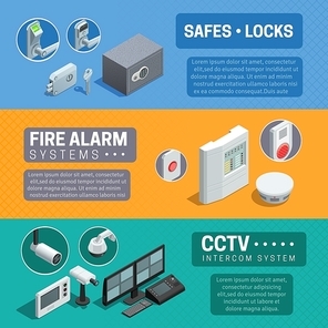 Home security system description 3 horizontal isometric banners set with cctv and fire alarm abstract isolated vector illustration