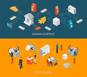 Bank Isometric Concept. Bank Horizontal Banners. Bank Vector Illustration. Bank Set. Bank Design Symbols.Bank Elements Collection.