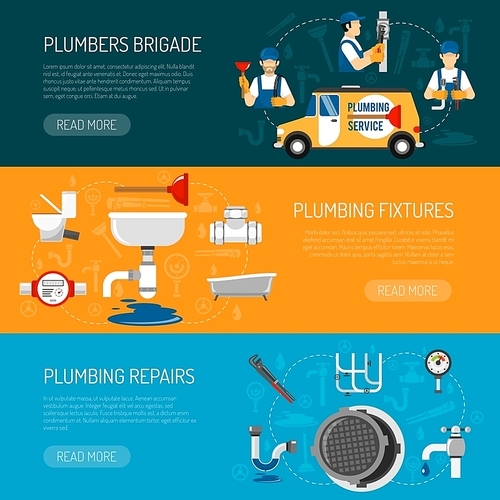 Plumbing horizontal banners set with brigade of repairmen tap sewer plunger bath sink toilet isolated vector illustration