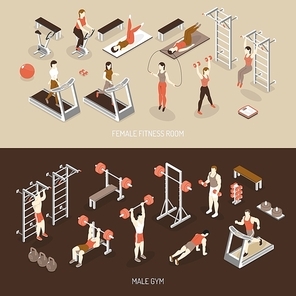 Fitness isometric horizontal banners with female training room male gym scales ladder weight dumbbells isolated vector illustration