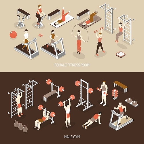 Fitness isometric horizontal banners with female training room male gym scales ladder weight dumbbells isolated vector illustration