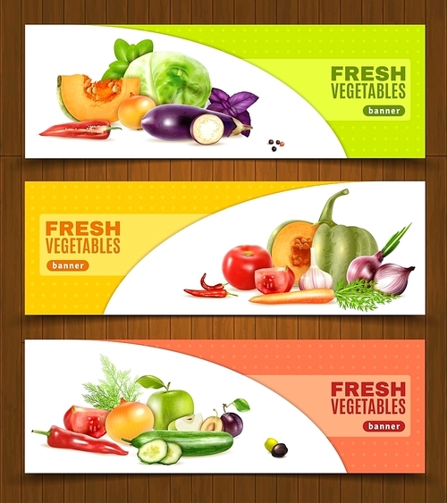 Three horizontal banners with colorful compositions of whole and chopped fresh vegetables and fruits in realistic style vector llustration