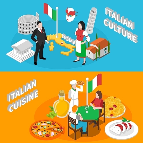 Italian culture traditions landmarks an mediterranean cuisine for tourists 2 isometric banners poster abstract isolated vector illustration