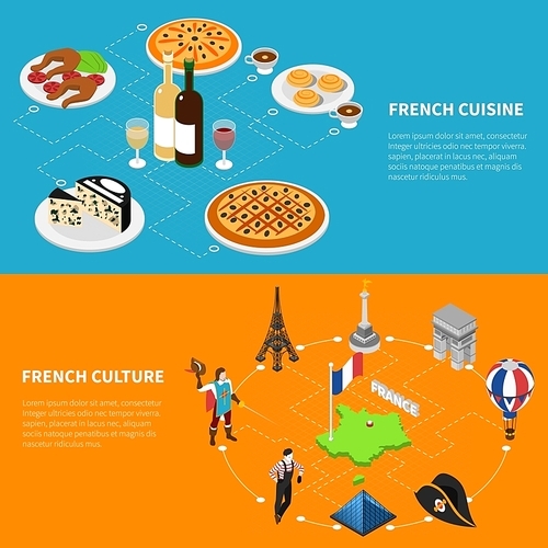 French culture top sughtseeing landmarks and national cuisine for tourists 2 isometric banners abstract isolated vector illustration