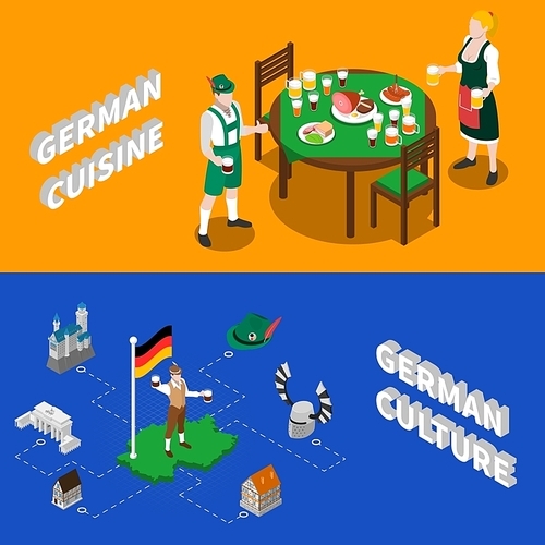 German culture for tourists 2 isometric banners with traditional national cuisine dishes and sightseeing abstract vector illustration