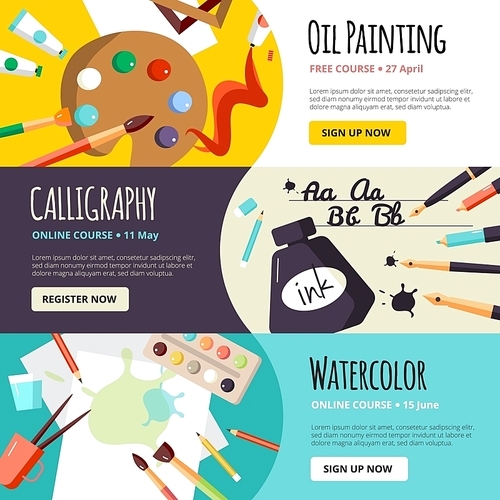 Art and craft lessons banners for oil painting calligraphy and watercolor  vector illustration