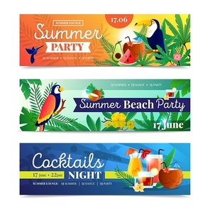 Tropical cocktail summer beach night party date time announcement 3 colorful horizontal banners set abstract isolated vector illustration