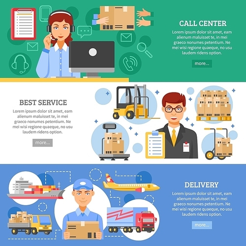 Three horizontal logistics delivery banner set on different themes call center best service and delivery vector illustration