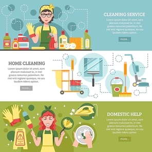 Three different banners on cleaning service theme with titles like cleaning service home cleaning and domestic help vector illustration