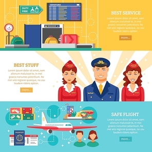 Three horizontal colored airport banner set with titles best service best stuff and safe flight vector illustration