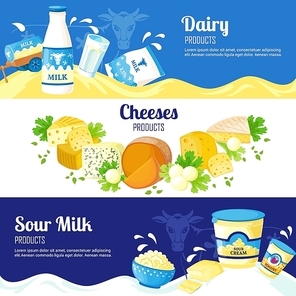 Dairy products horizontal banners with advertising of different cheeses sour cream and milk flat vector illustration