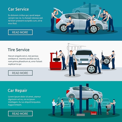 Flat horizontal banners with scenes presents workers in car service tire service and car repair vector illustration