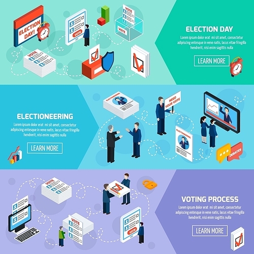 Elections and voting isometric horizontal banners with electioneering election day and voting process icons set flat vector illustration
