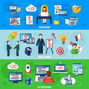 Programmer horizontal banners with set decorative icons describing programming and app development processes with people computers and abstract symbols flat vector illustration