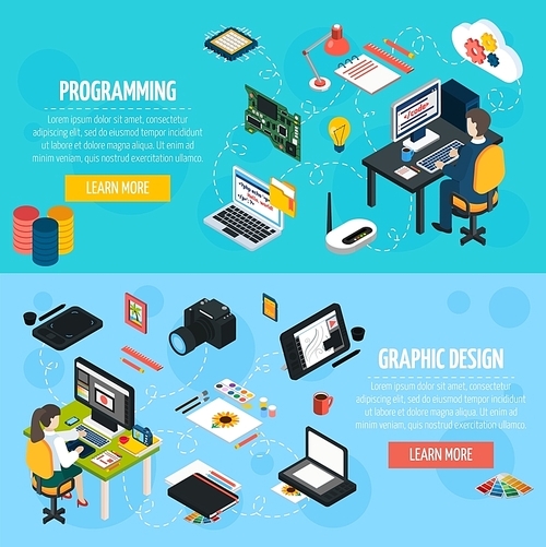Programming and graphic design banners set with programmer and designer at workplace isometric compositions and  collection of tools and equipment for professional work flat vector illustration.