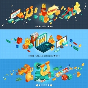Lottery horizontal isometric banners set with win and luck symbols isolated vector illustration