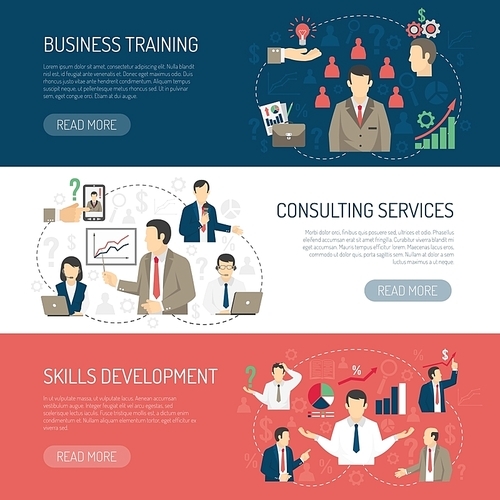Business skill development training and consulting services website design 3 horizontal flat banners abstract isolated vector illustration