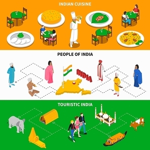 India for tourists 3 isometric tricolor banners with national cuisine dishes and attractions abstract isolated vector illustration