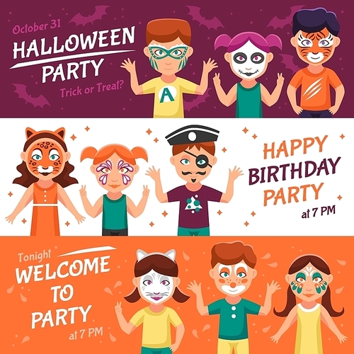 Party With Greasepaint Flat Concept. Painted Faces Horizontal Banners. Children With Painted Faces Vector Illustration. Makeup For Children Isolated Set. Greasepaint For Kids Design Symbols.