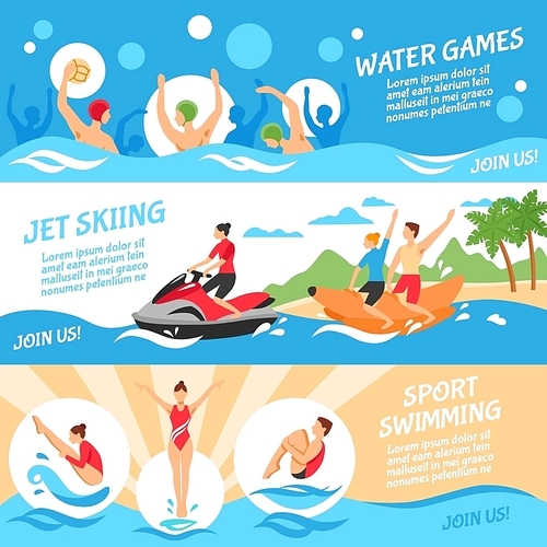 Water Sport Flat Concept. Water Sport Horizontal Banners. Water Sport Vector Illustration. Water Sport Isolated Set. Water Sport Design Symbols.