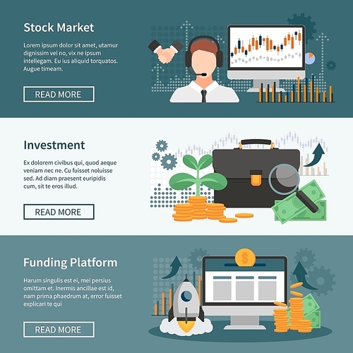 Investment and trading horizontal banners set with stock market funding platform and financial management design compositions flat vector illustration