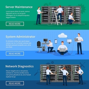 IT administrator horizontal banners with network engineers working in server room for hardware diagnostic flat vector illustration