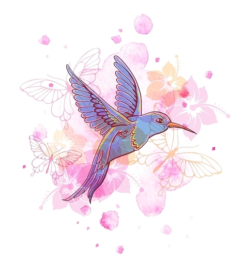 Abstract vector background with tropical bird and pink watercolor blots.