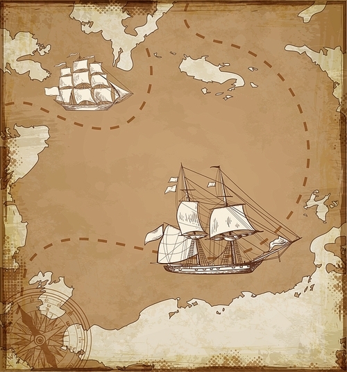 Vintage vector map with sailing vessels. Ancient map with ships.