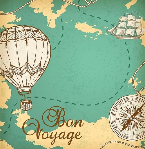 Vintage vector map with sailing vessel and balloon air.