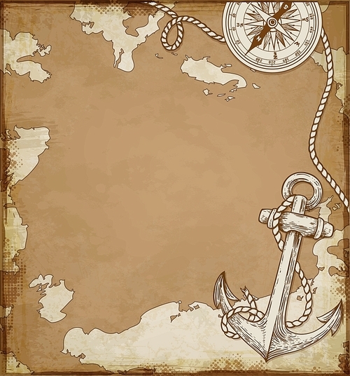 Vintage vector map with anchor and compass