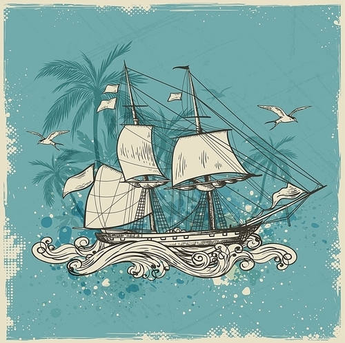 Vintage vector background with sailing vessel and palms.