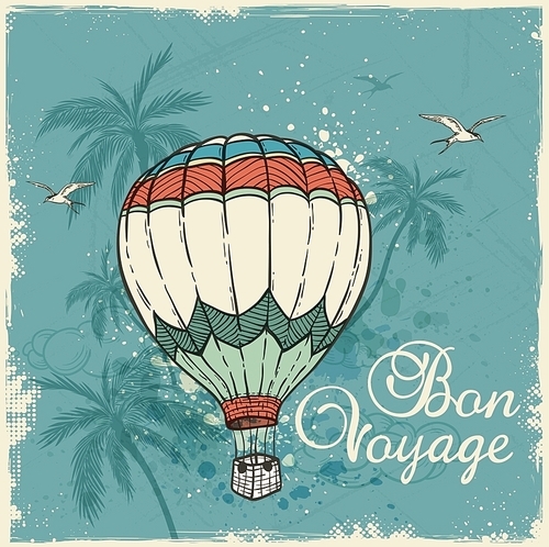 Green retro background with air balloon flying in the sky. Hand drawn vector illustration.