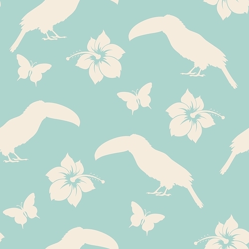 Seamless pattern with toucan and tropical flowers