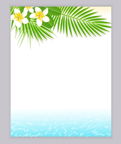 Decorative summer background with green leaves, tropical flowers and blue water