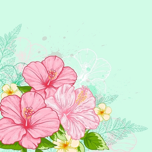 Hand drawn vector tropical flowers on a green background