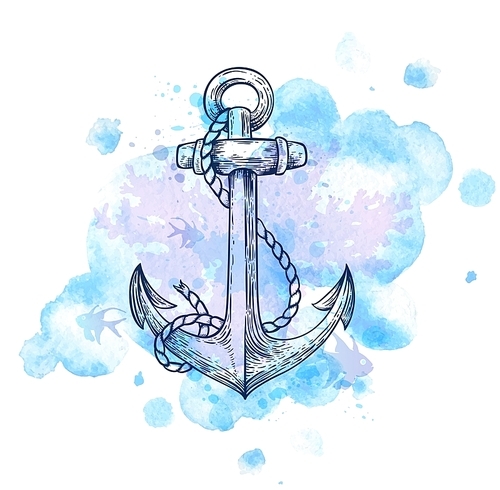 Vintage hand drawn vector anchor and blue watercolor blots.