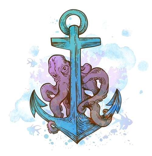 Vintage hand drawn vector anchor and octopus on a blue watercolor background.