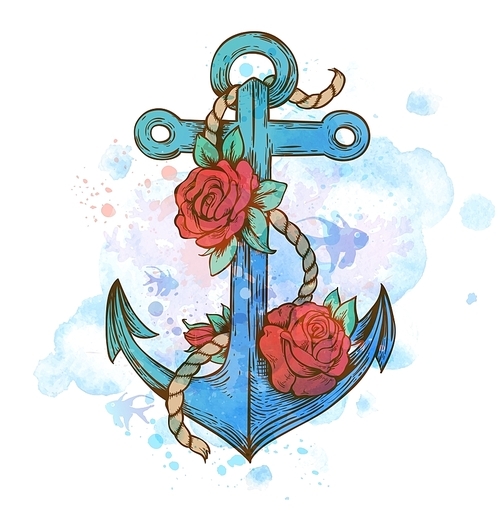 Vintage hand drawn vector anchor and red roses on a blue watercolor background.