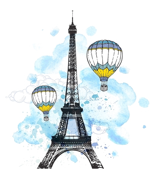 Eiffel Tower and air balloons on a blue watercolor background.